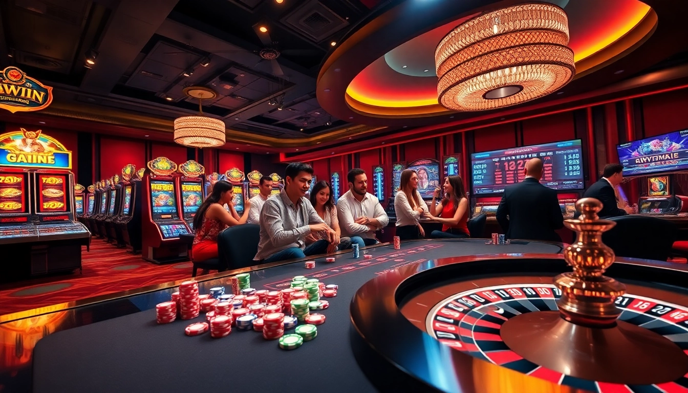 Kuwin casino visuals with players engaging at tables and slot machines in a vibrant setting.