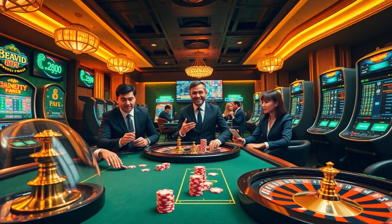 Gamblers enjoying diverse games at the 88vv online casino, emphasizing excitement and luxury.