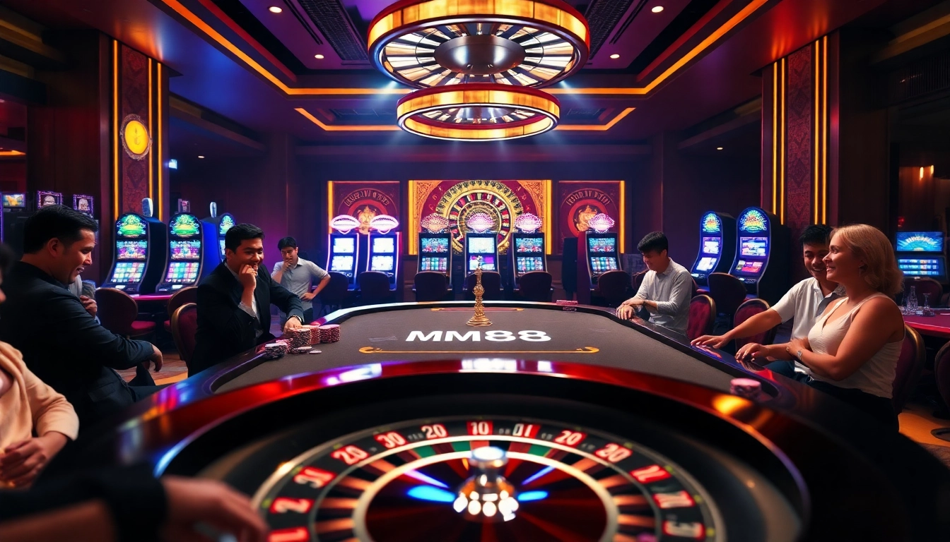 MM88 players enjoying a luxurious poker game with vibrant colors and dynamic casino elements.