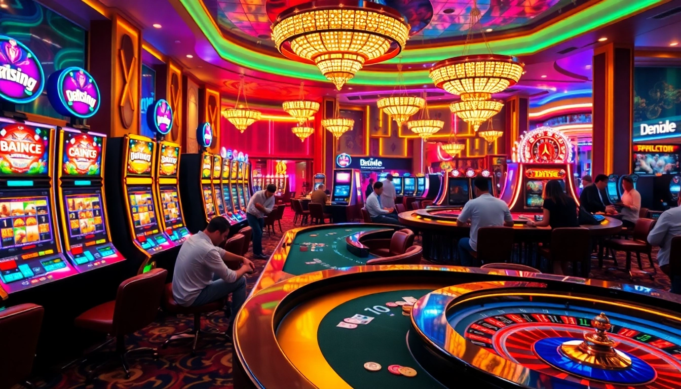 Engaging gamblers at a luxurious casino with luckywin88 themed slot machines and vibrant tables.