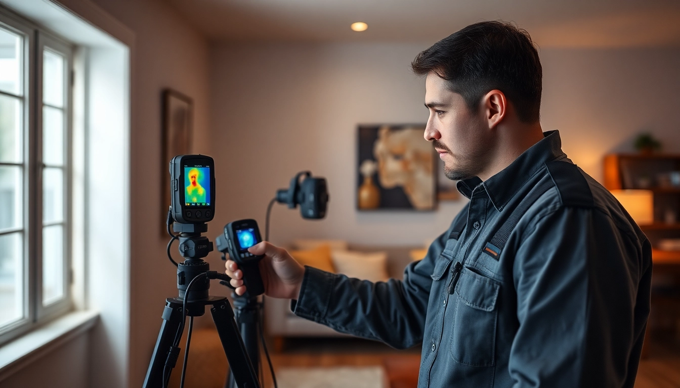 Water leak detection technician using thermal imaging to find a hidden leak in a home.