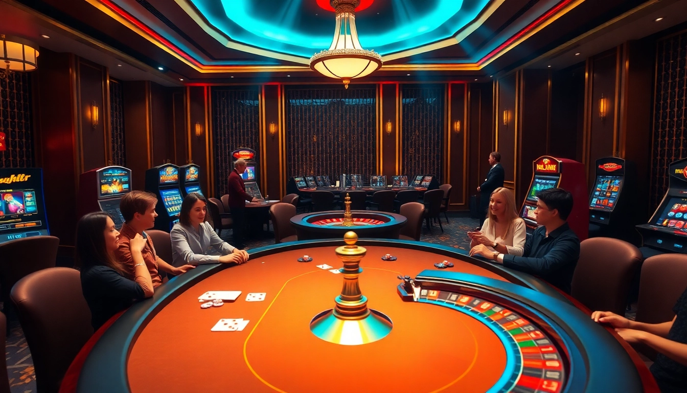 Engaging in a thrilling game at kuwinblog.com with vibrant casino tables and excited players.