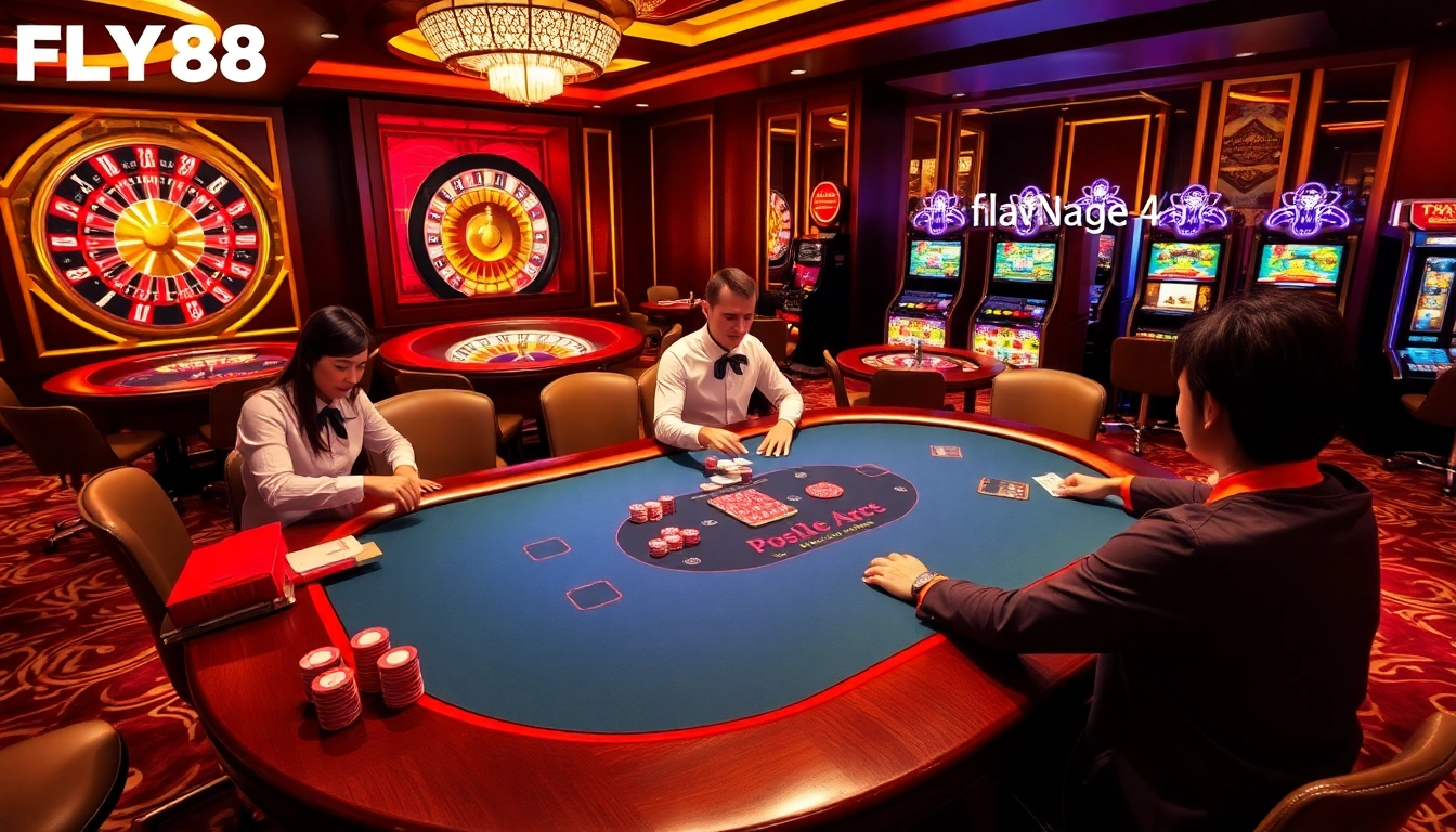 Experience thrilling gameplay at FLY88 casino tables with energized players and professional dealers.
