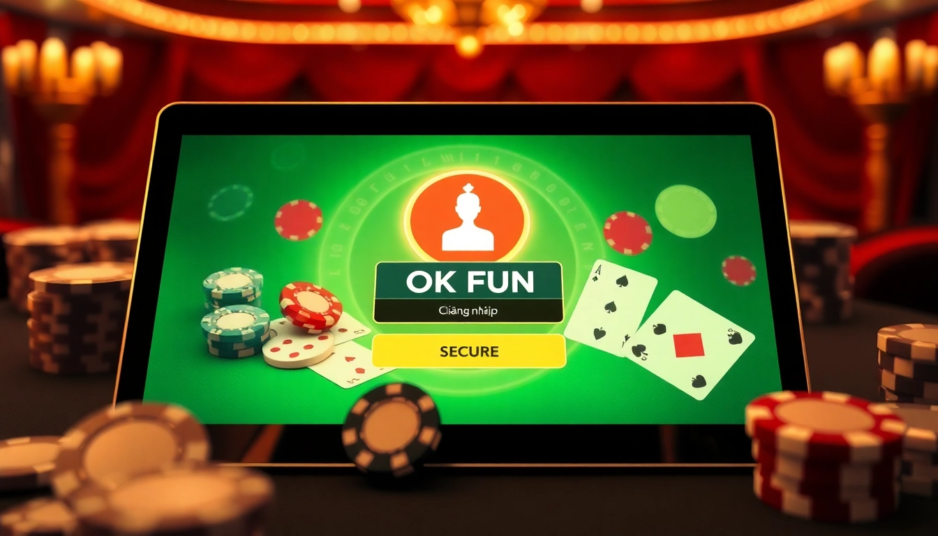 Engage with OKFUN đăng nhập, highlighting a luxurious online casino experience with vibrant gaming elements.
