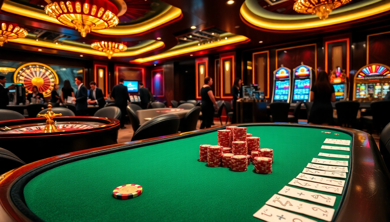 Engaged players enjoying games at 789club casino, surrounded by poker chips and a spinning roulette wheel.