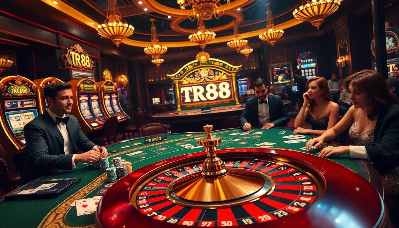 Players enjoying high-stakes gameplay at a luxurious casino table featuring TR88 elements.