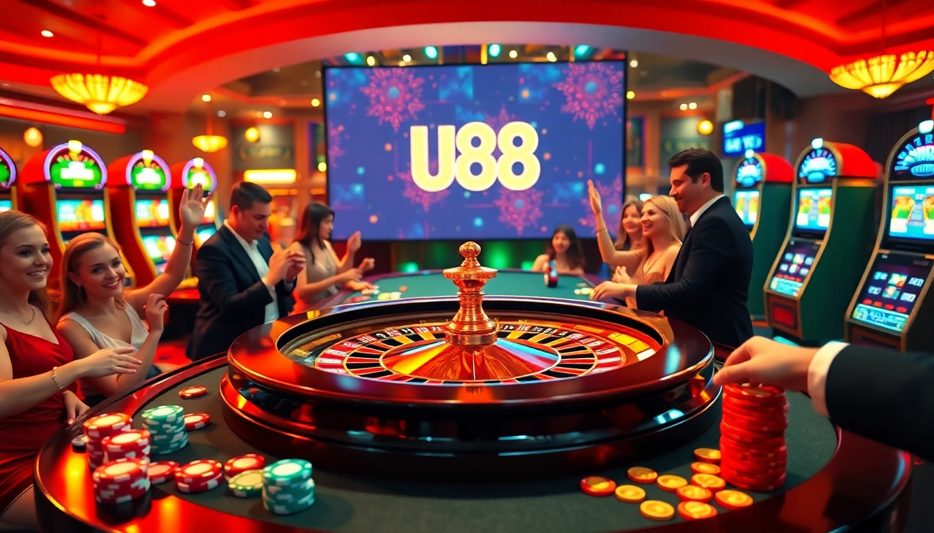 Players enjoying a game of roulette at a luxurious casino featuring uu88 branding.