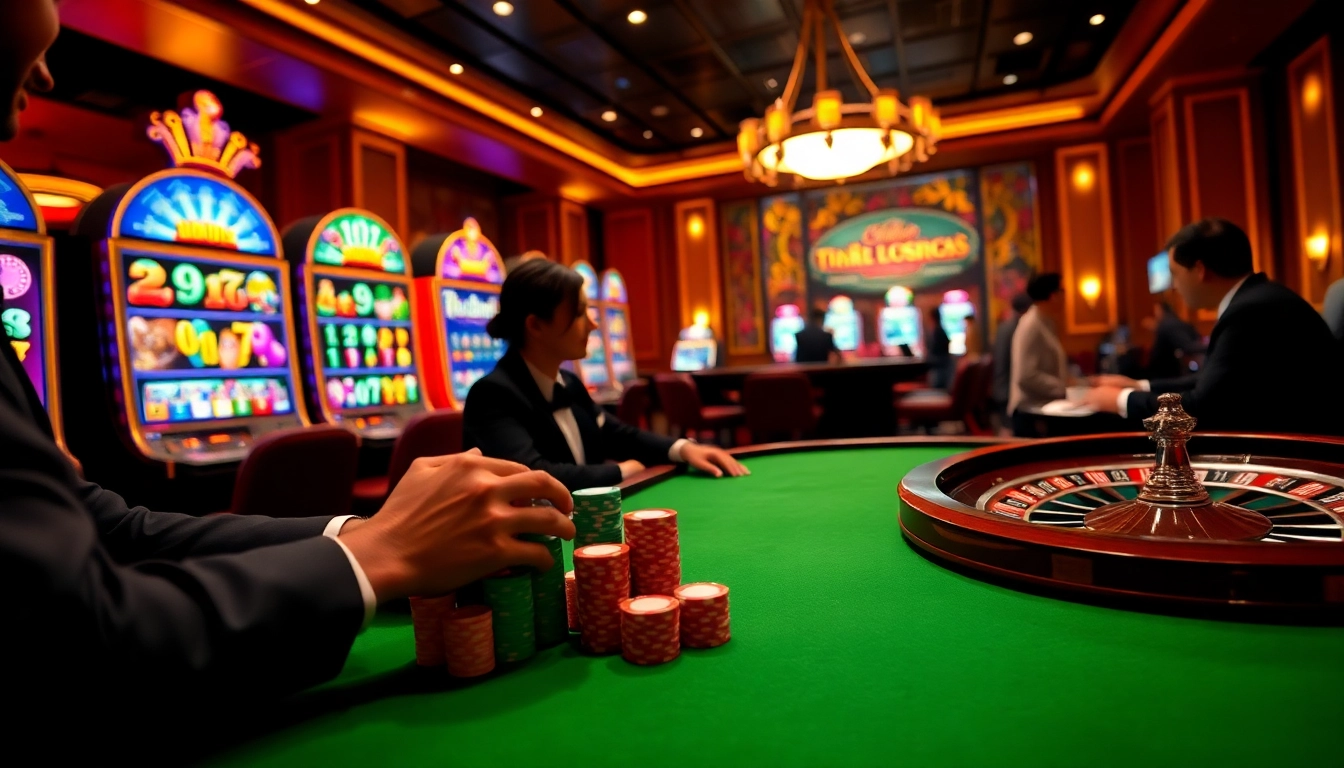 A vibrant casino scene featuring trang chủ PS99 with poker players at a luxurious table and colorful slot machines.