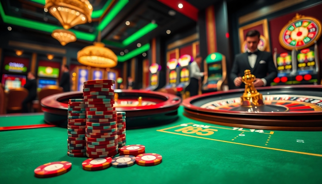 Exciting RR88 casino scene with vibrant poker chips, roulette wheel, and professional dealer.