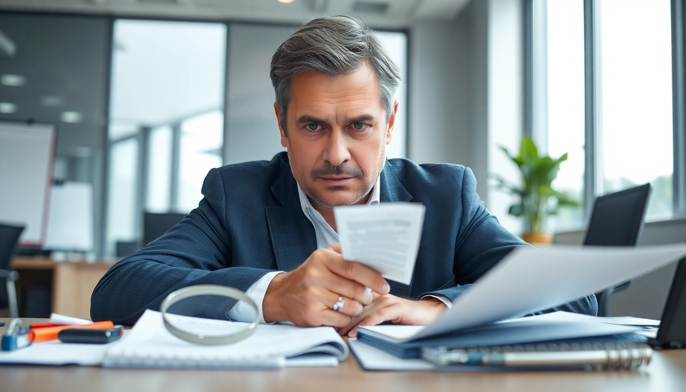 Professional investigator analyzing evidence in a modern office, showcasing expertise and attention to detail.