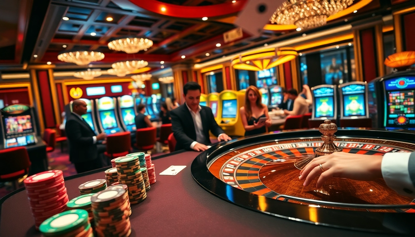 Players engaging in lively betting at Hi88's vibrant casino, showcasing roulette and poker elements.