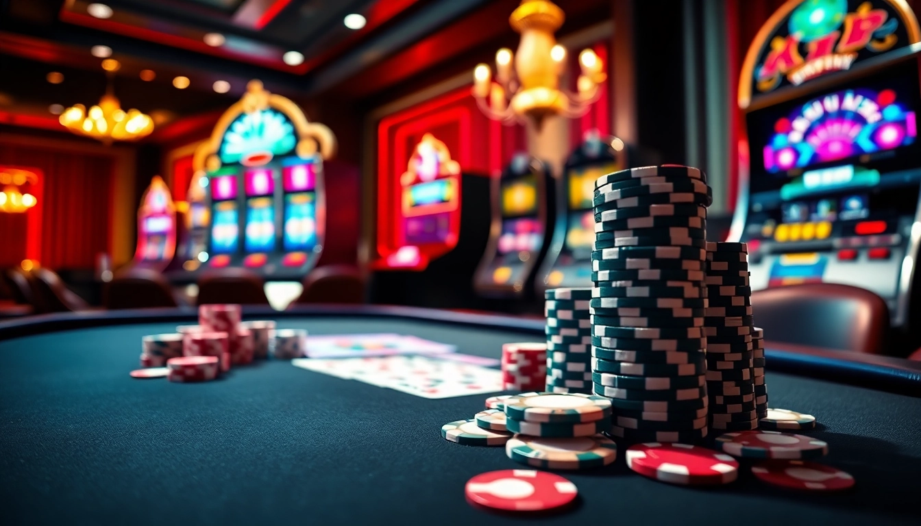 Engaging scene of online gambling at rikvip with vibrant poker chips and casino tables.