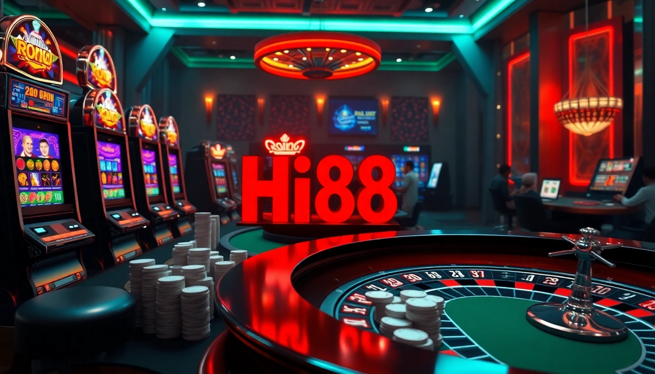 Experience thrilling gameplay at Hi88 Casino with vibrant slot machines and poker tables.