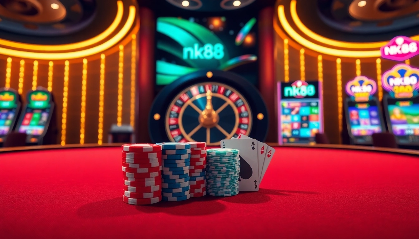 A vibrant casino gaming scene with online gambling elements from website nk88 featuring poker chips, cards, and a roulette wheel.