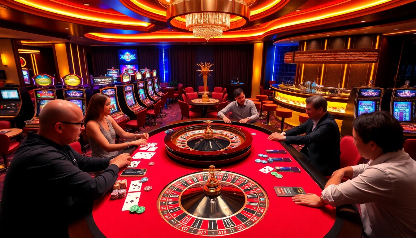 Experience thrilling gameplay at XX88's vibrant casino scene with roulette, cards, and slot machines.