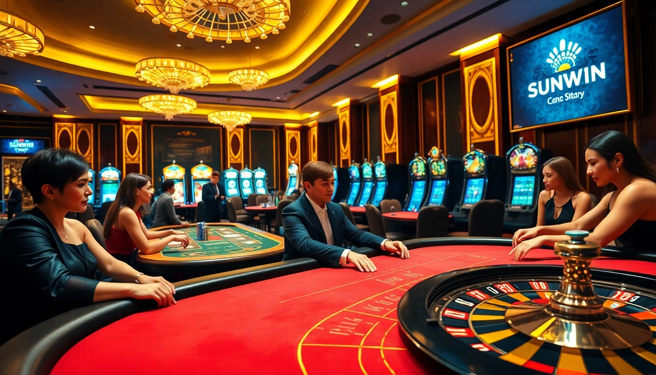Experience high-stakes gambling at a luxury casino featuring SUNWIN branding and vibrant gaming tables.