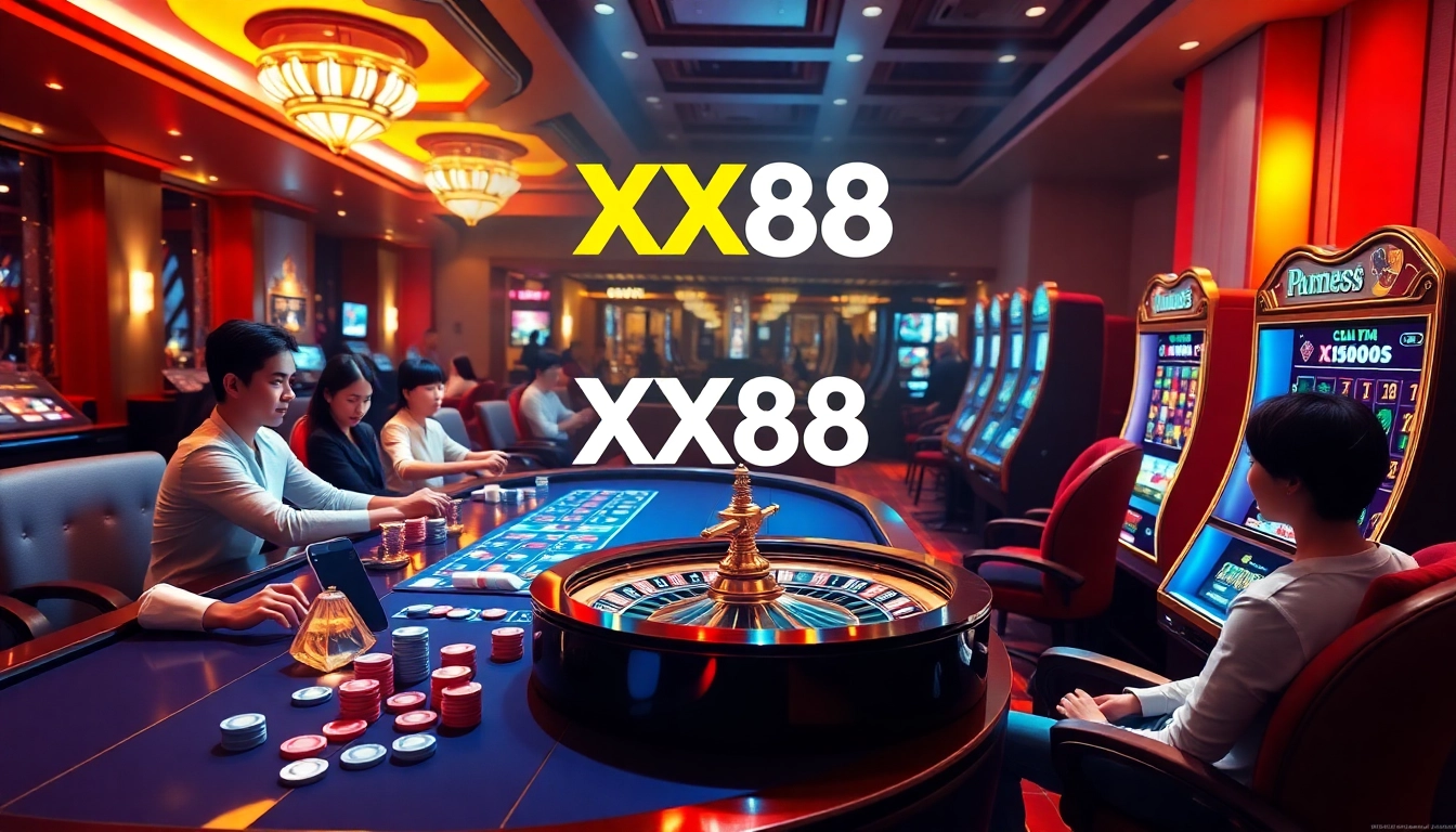 XX88 players enjoying a vibrant online casino environment featuring cards, chips, and a roulette wheel.