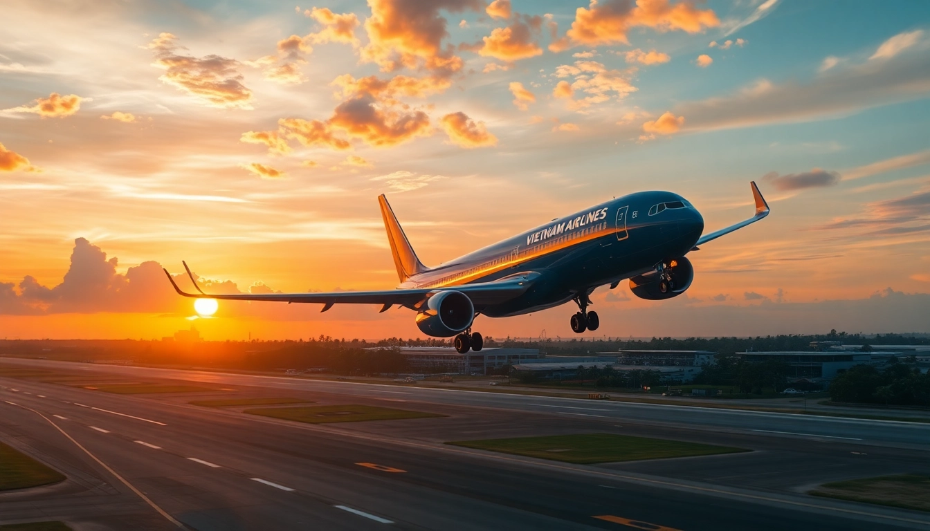 Vietnam Airlines VN168 aircraft taking off at sunset from Da Nang International Airport.