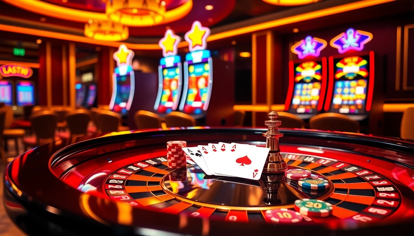 Experience excitement at a casino with kp88 strategy cards, roulette table, and vibrant poker chips.