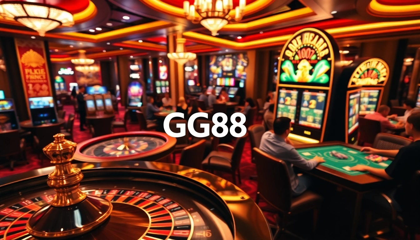 Experience thrilling bets at GG88, with vibrant slot machines and poker chips in a lively casino atmosphere.