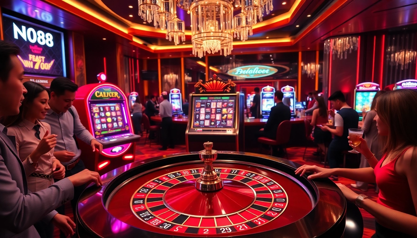 Experience the excitement of DN88 with vibrant casino visuals featuring roulette tables and slot machines.