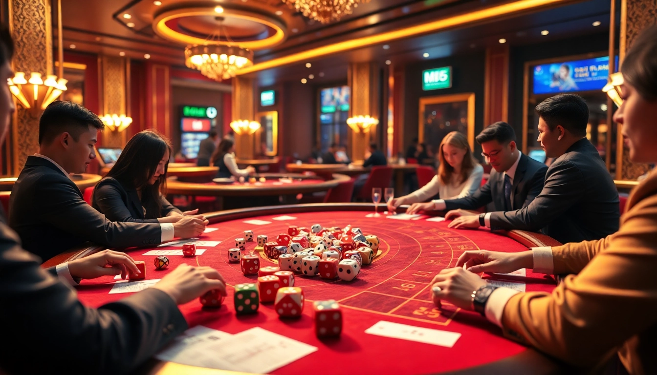 Tai Xiu MD5 game in a vibrant casino scene featuring colorful dice and excited players.