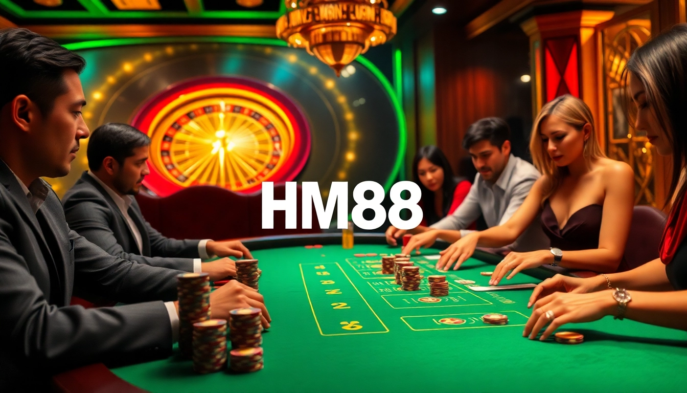 Engaged players at a luxurious HM88 poker table, showcasing excitement and anticipation during gameplay.