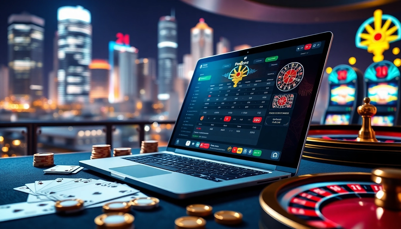 Experience an exciting online casino atmosphere at https://dabet.homes with poker chips, roulette, and vibrant gaming visuals.