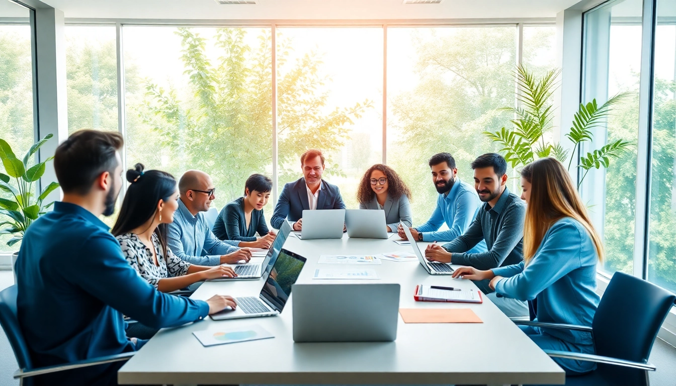 Engaging marketing consultancy services team collaborating in a vibrant office setting.