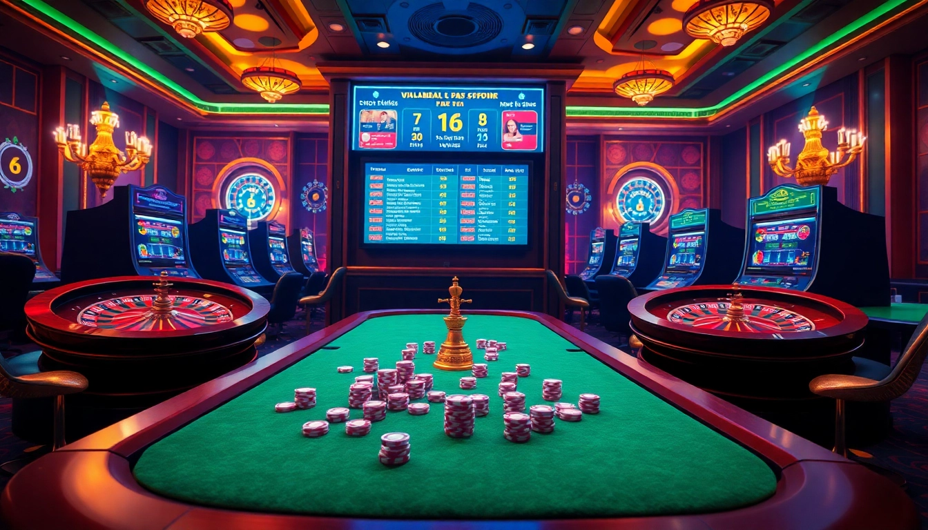 Experience the excitement at trang chủ win678 with vibrant casino elements including roulette wheels and poker chips.