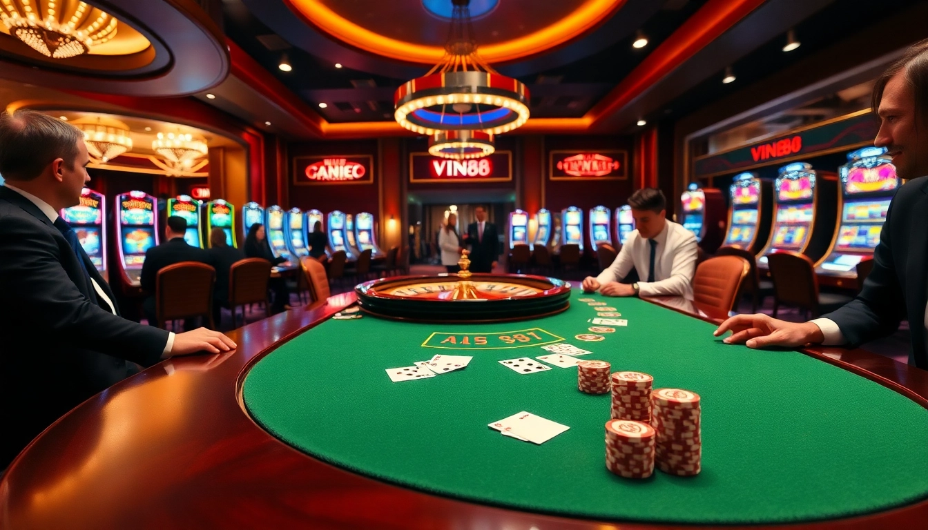 Experience the thrill of gambling with VIN88 at a luxurious casino table featuring vibrant poker and roulette.