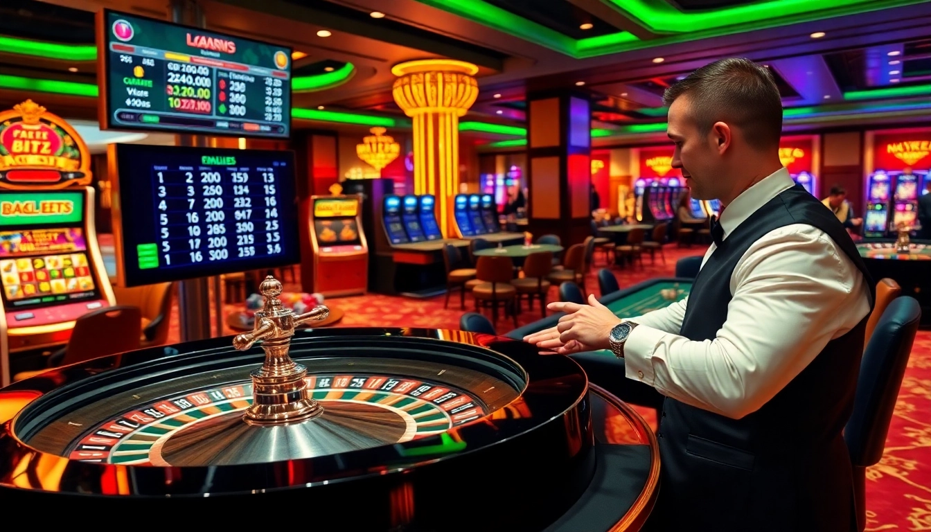 Exciting gambling scene at https://jun88pl.com/ featuring roulette and vibrant slot machines.