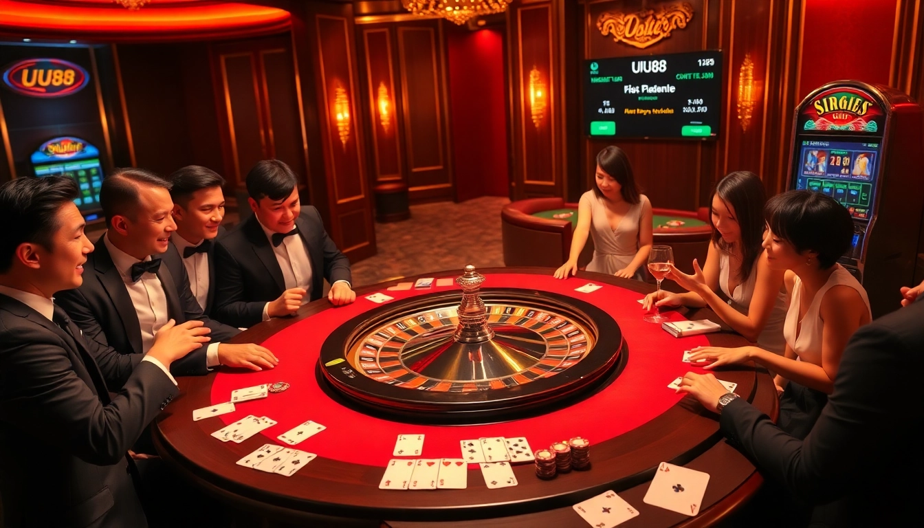 Players enjoying high-stakes games at UU88's luxury casino environment, showcasing roulette and poker excitement.