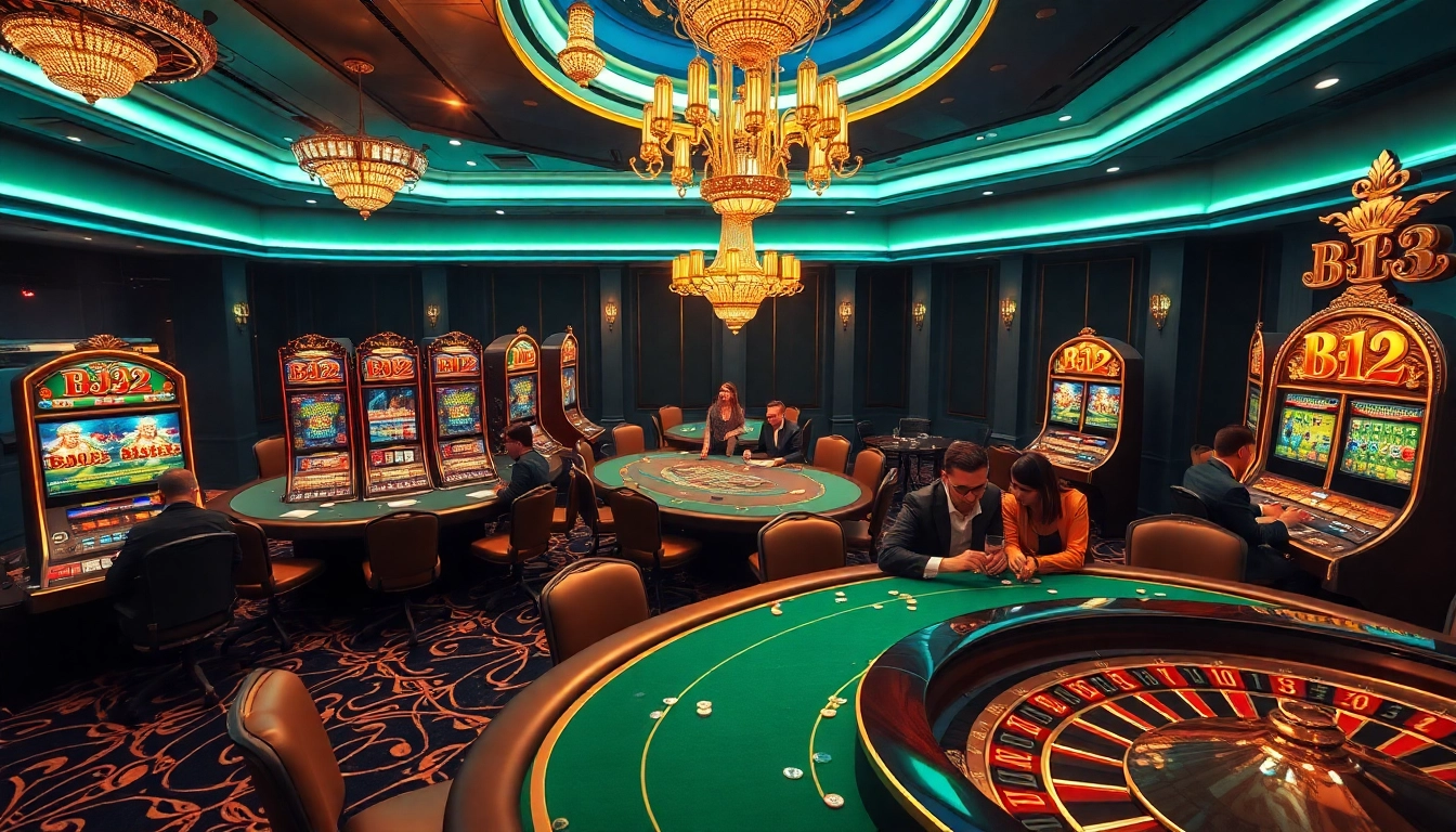 B52-themed casino scene with players at poker tables and vibrant slot machines celebrating wins.