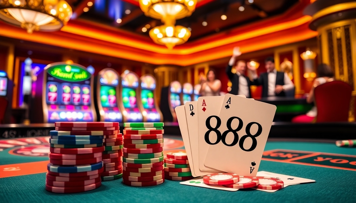 Experience the thrilling poker action at 888vi casino with vibrant chips and roulette.