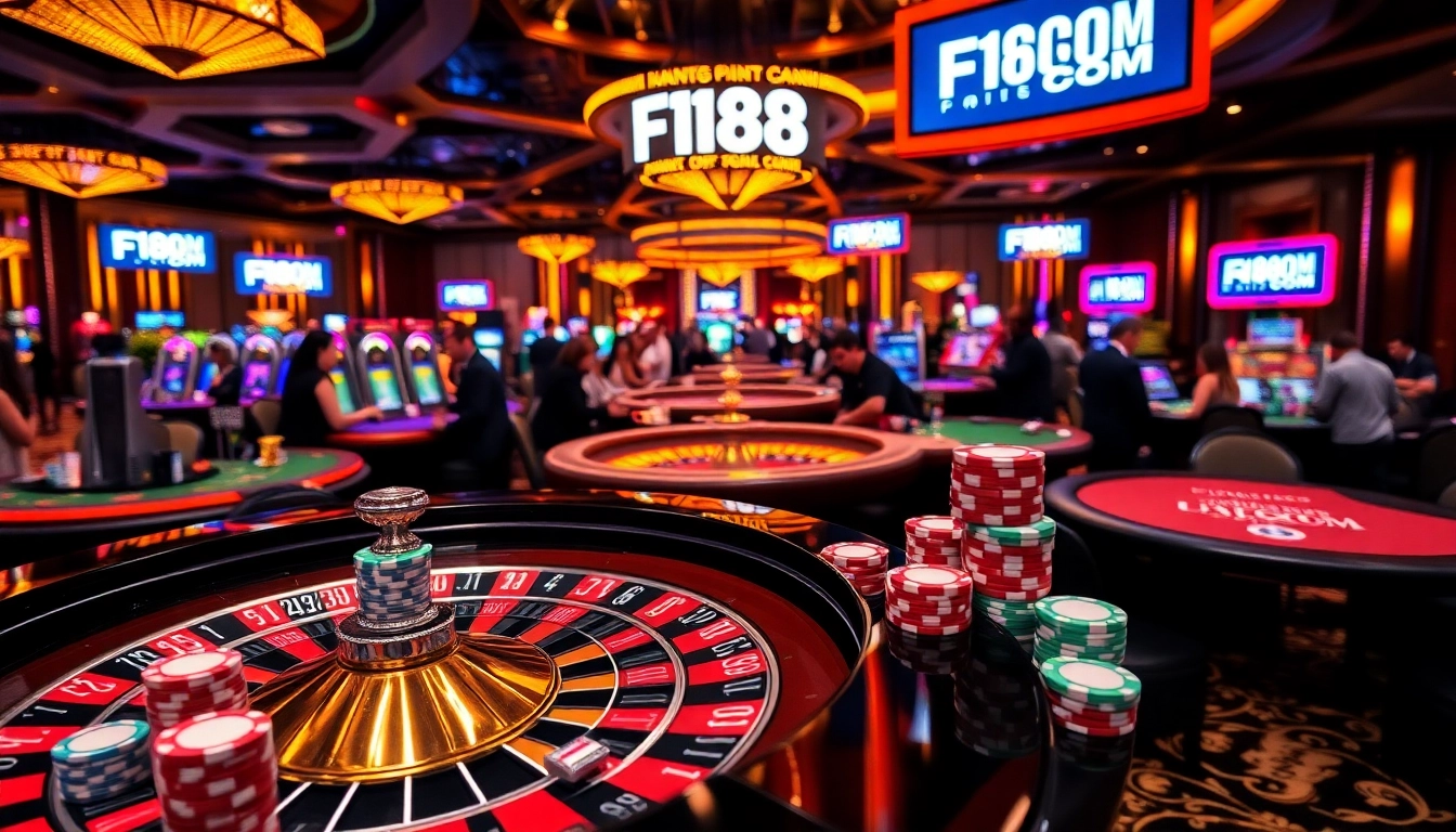 Exciting gambling scene featuring F168 COM roulette table with poker chips, vibrant colors, luxury ambiance.