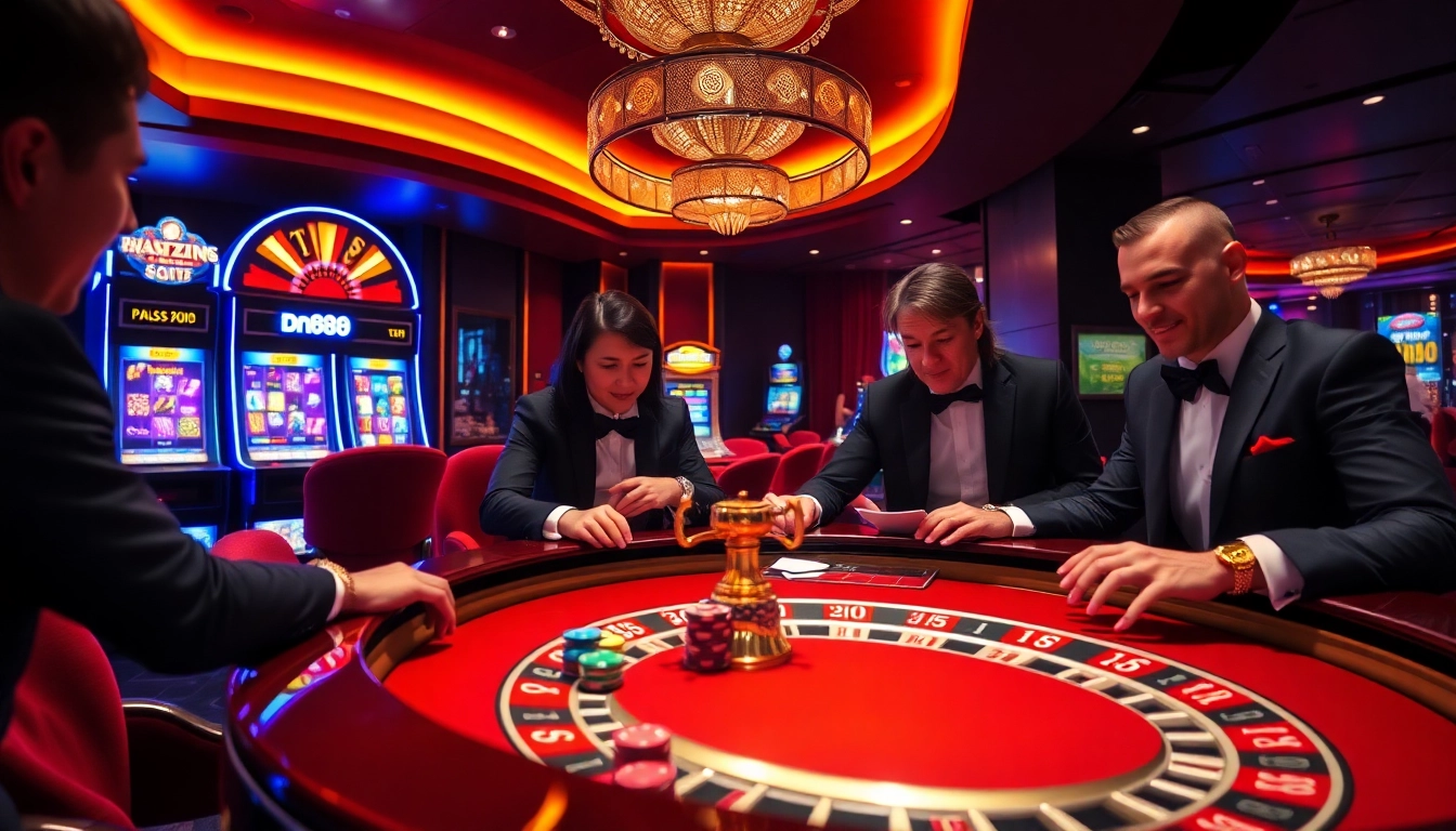 Engaging players enjoying the excitement at dn88 casino with roulette and vibrant slot machines.