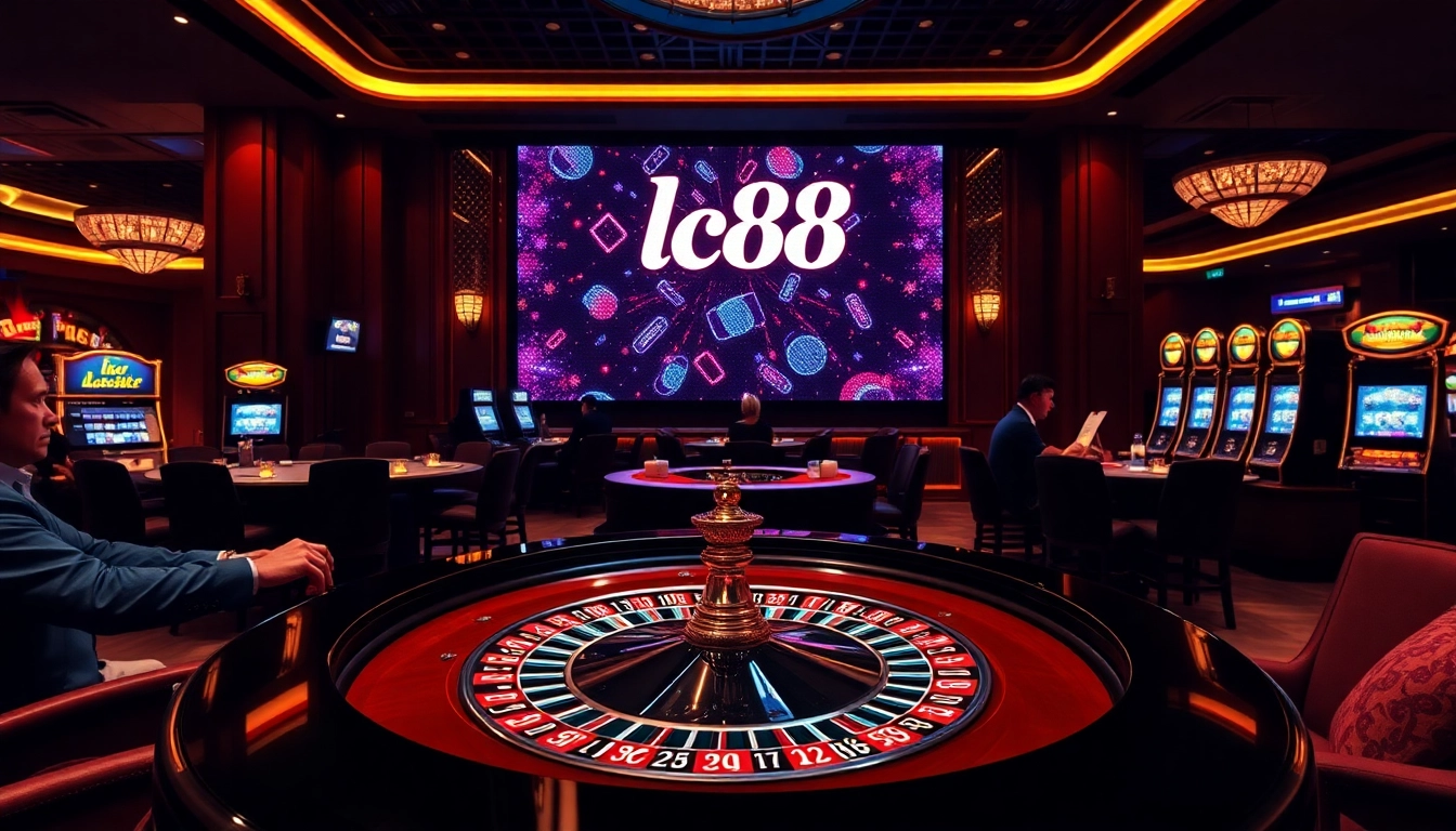 Engaging gamblers at the luxurious lc88 roulette table with golden chips and vibrant ambiance.