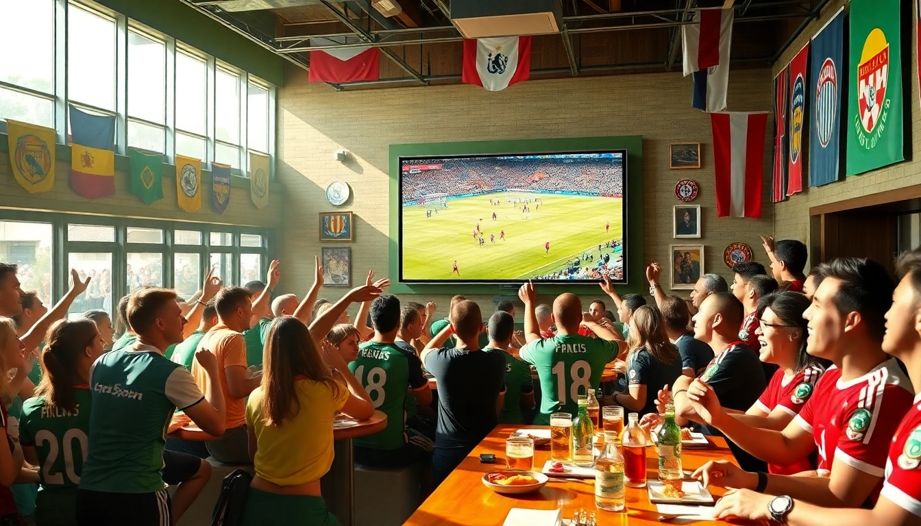 Dynamic scene of fans enjoying live football at https://vaoluoitv.it.com with vibrant colors and excitement.