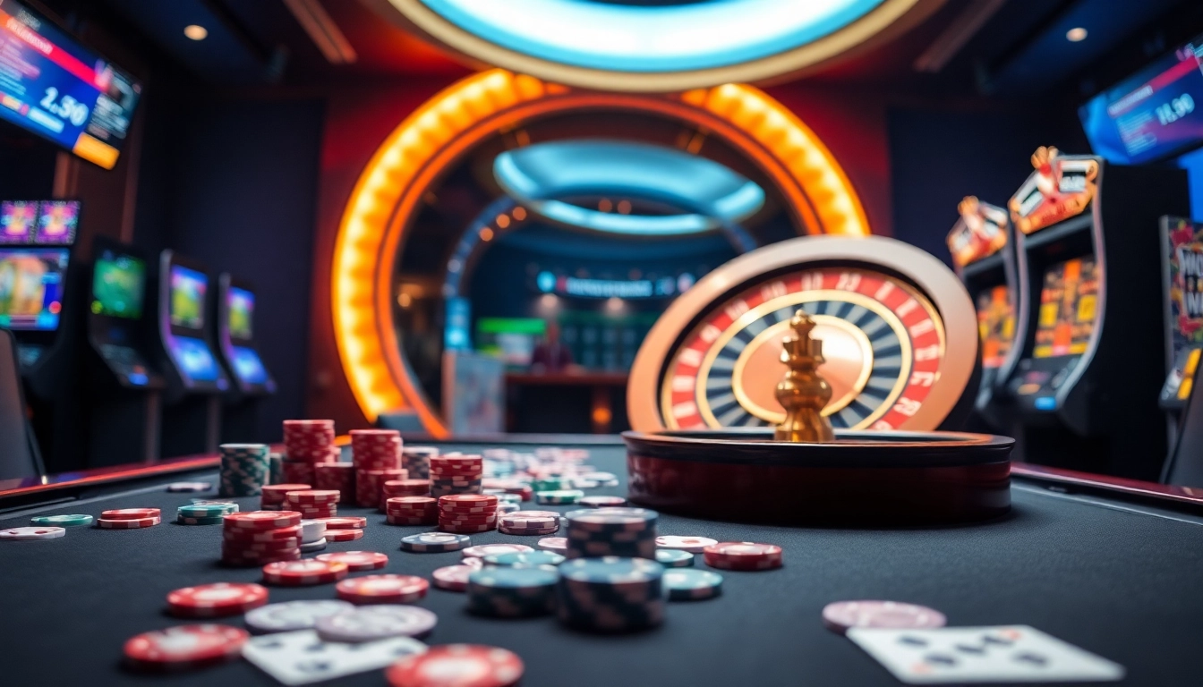 Experience the thrilling atmosphere of hm88 with vibrant casino tables, poker chips, and live betting screens.