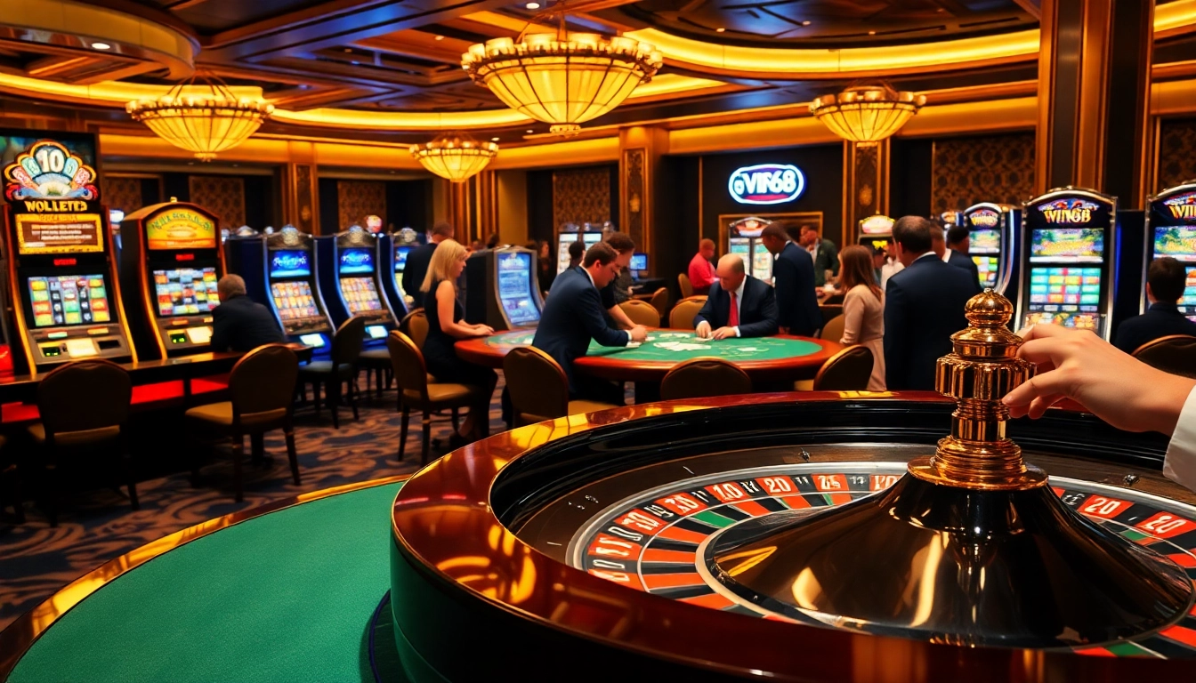 Win678 gaming experience with vibrant slot machines and an elegant roulette table.