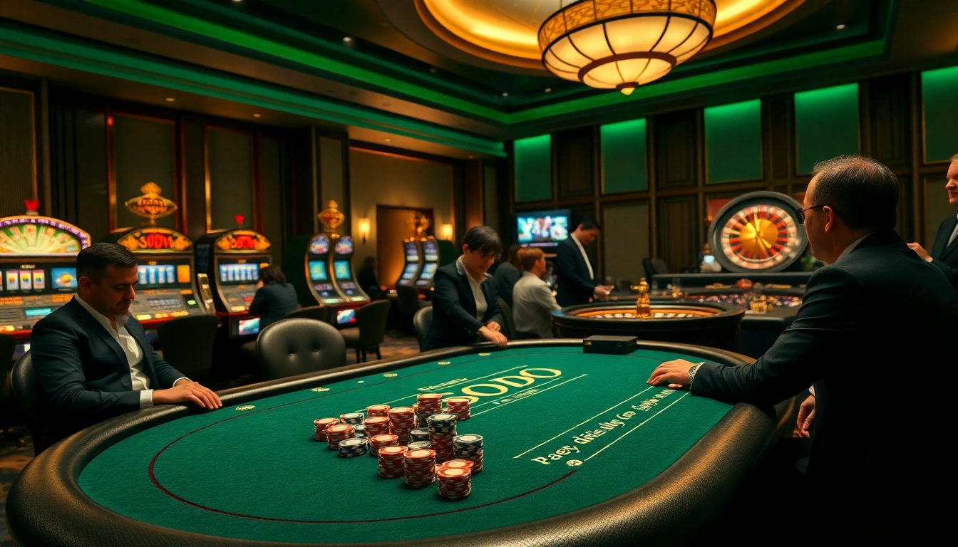 Players enjoying a thrilling game at a SODO-themed poker table in a luxurious casino setting.