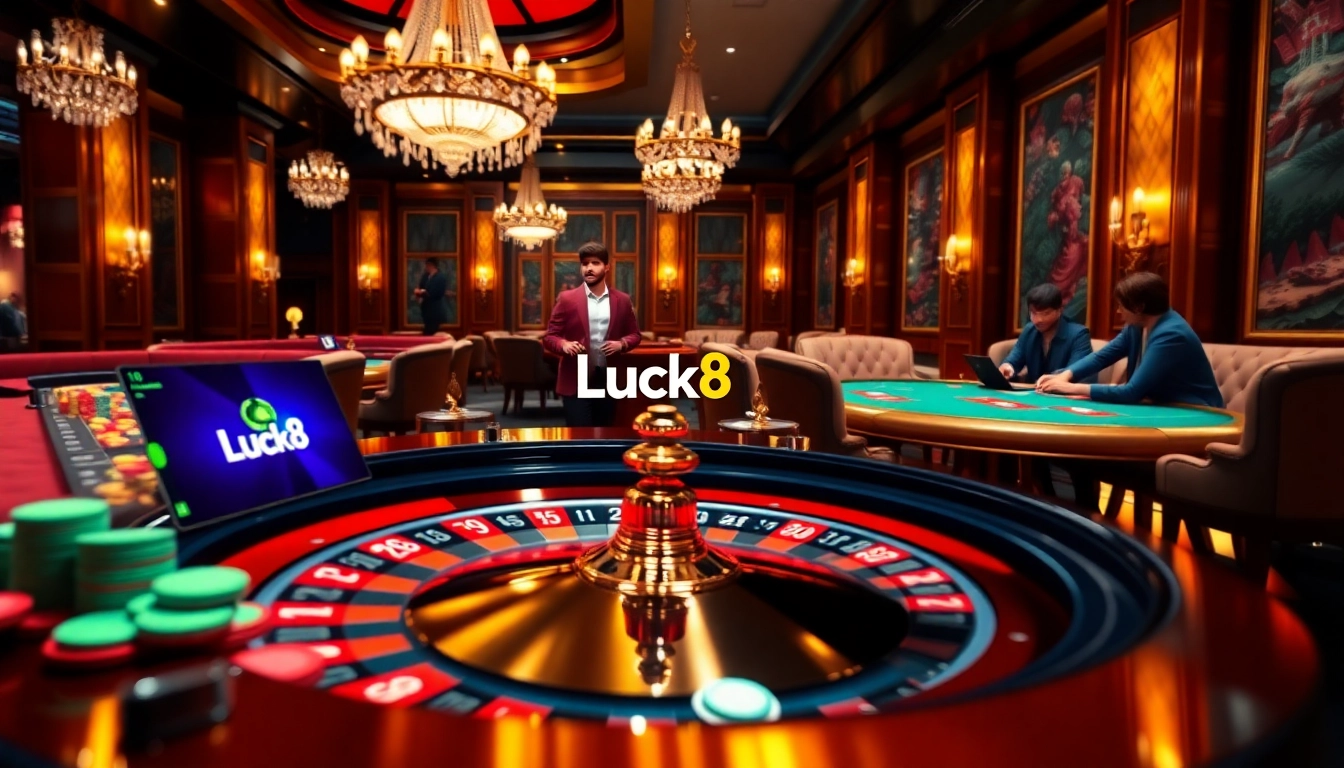 Experience the excitement of Luck8 at a luxurious roulette table in a sophisticated casino.