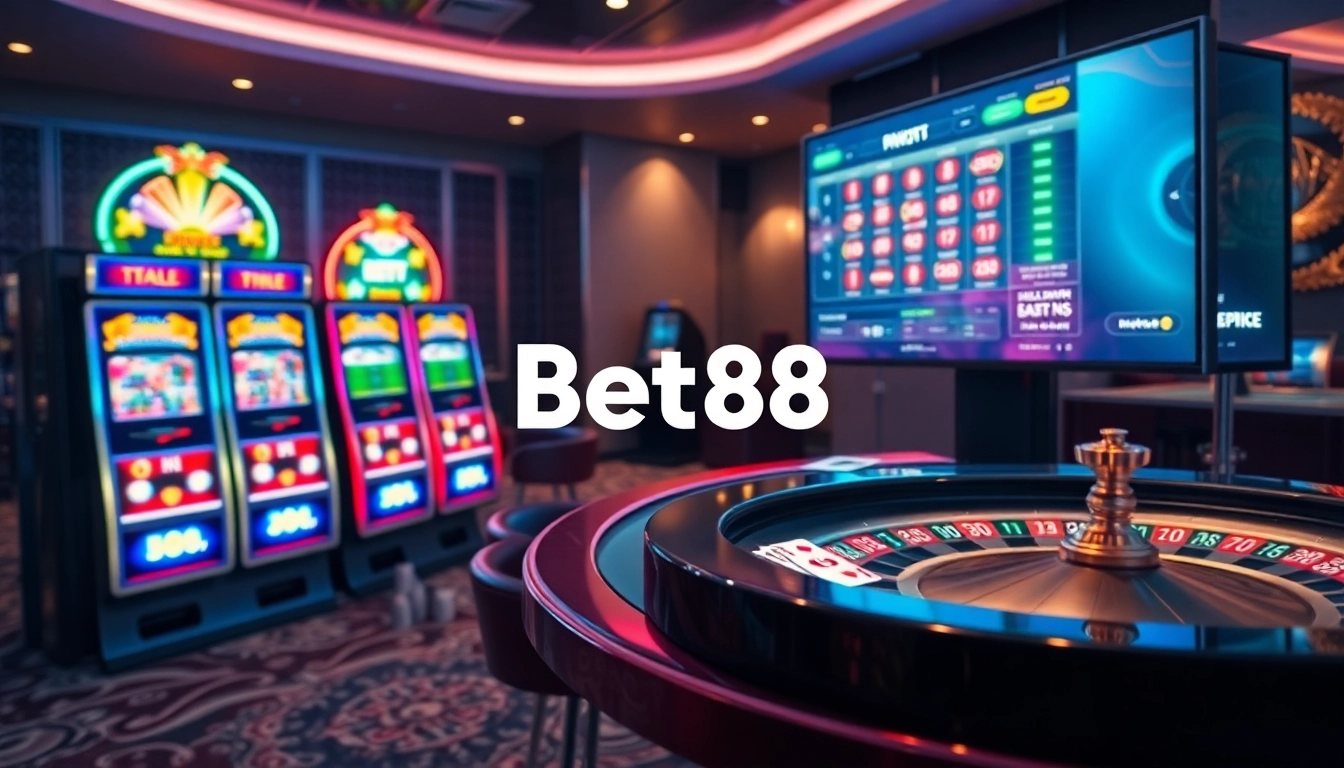 Experience thrilling games at Bet88 with vibrant slot machines and elegant poker tables.