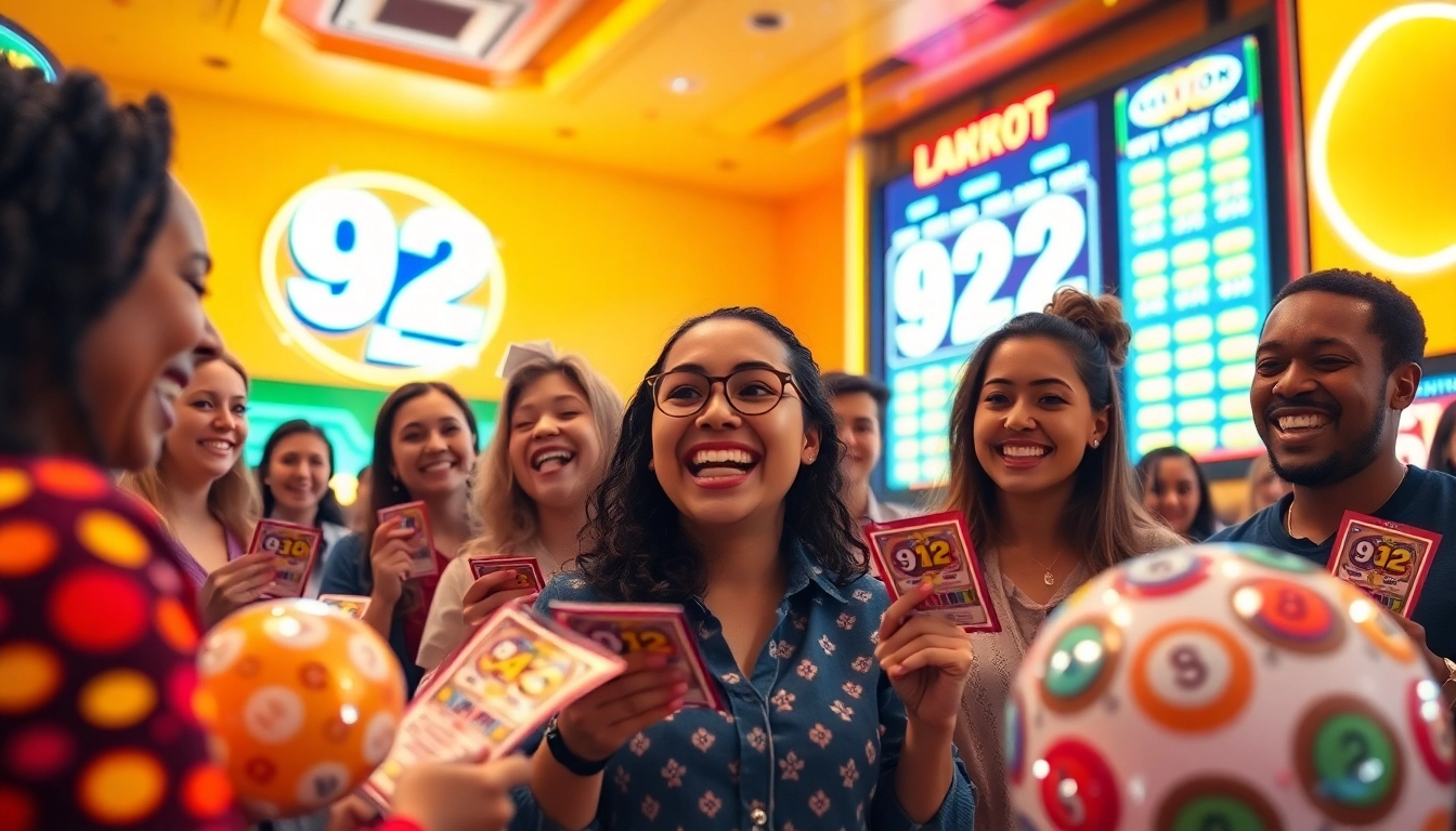 Excited players engaging with the 92 lottery in a vibrant game setting, showcasing colorful tickets and digital displays.