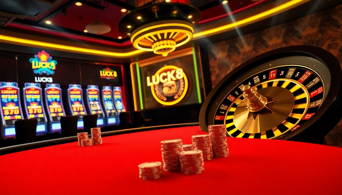 LUCK8 casino scene with poker tables, vibrant slot machines, and an elegant roulette wheel.