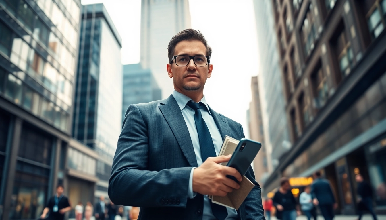 Professional investigator analyzing evidence in an urban environment, showcasing focus and determination.