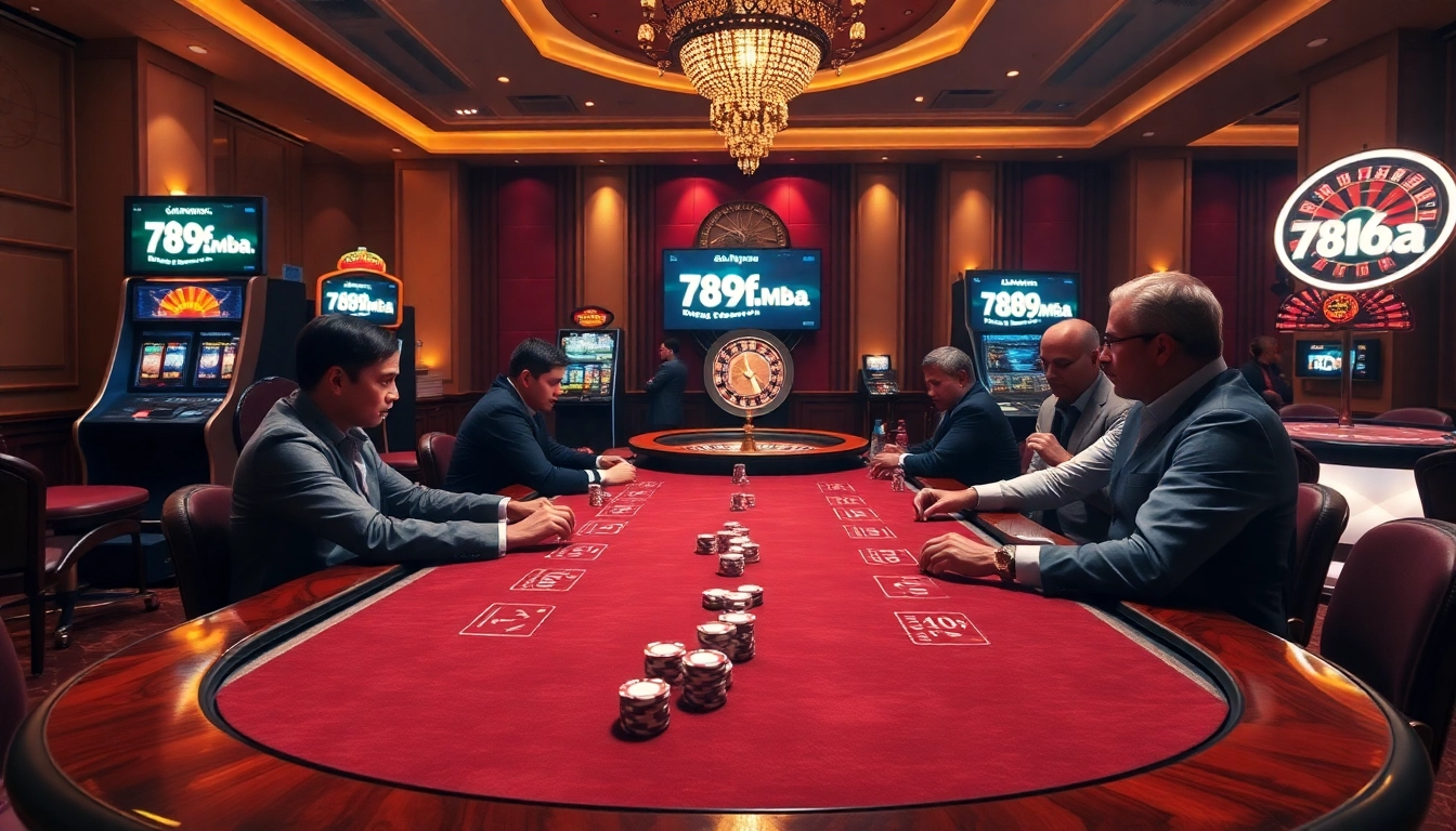 A dynamic poker scene with professional players at the table, showcasing 789f.mba in a vibrant casino atmosphere.