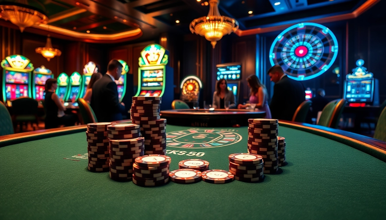 Players enjoying a thrilling blackjack game with KK55 poker chips at a vibrant casino table.