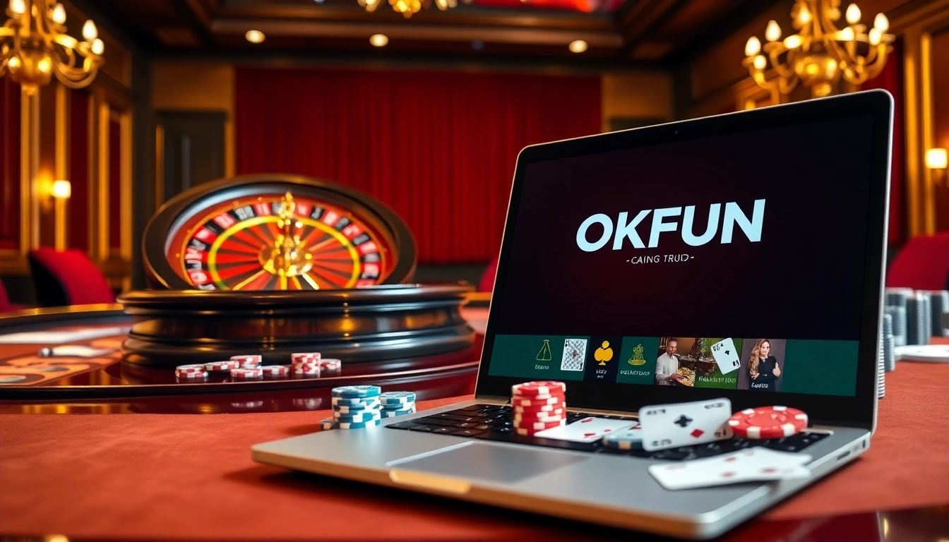 Engaging scene of OKFUN đăng nhập with poker chips and a roulette wheel in a luxury casino setting.